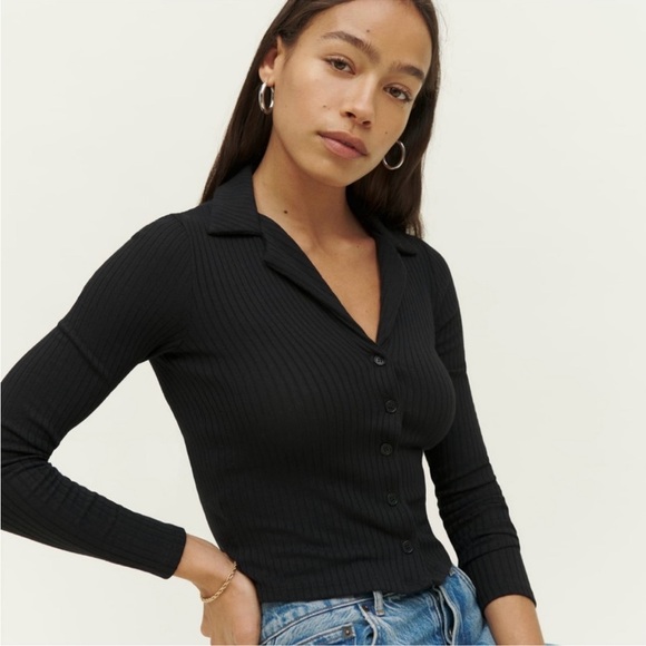 Reformation Tops - Reformation Irina Ribbed Button Front Top – Black – XS